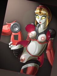 1girls areola breasts courtney_gears female female_only meadower nipples open_clothes pointy_chin ratchet_and_clank robot shiny solo