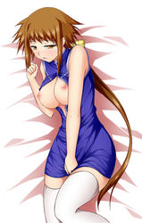 breasts brown_eyes brown_hair dieci dress highres large_breasts long_hair lyrical_nanoha mahou_shoujo_lyrical_nanoha mahou_shoujo_lyrical_nanoha_strikers nipples numbers numbers_(nanoha) open_clothes ponytail sakura_yuu thighhighs tied_hair very_long_hair zettai_ryouiki