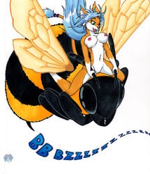 anthro bee breasts canine female fox micro mount nude plain_background pussy selena size_difference stinger tierafoxglove white_background