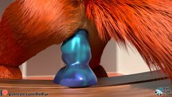 16:9 2021 3d_(artwork) anal anal_sex anthro anus biped canid canine detailed_background digital_media_(artwork) dildo dildo_sitting fox fur hi_res male mammal nude orange_body penetration pxlfur sex_toy solo text url watermark widescreen