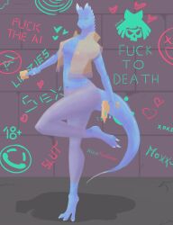 absurd_res alicethedeer anthro ass blue_body breasts clothed clothing digital_media_(artwork) dinosaur female fully_shaded graffiti hi_res nipples pinup pose reptile scalie simple_background smile solo tail text thick_tail thick_thighs