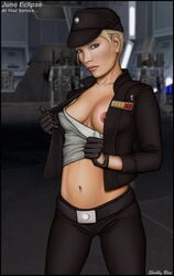 blonde_hair clothes erect_nipples female flashing imperial_officer juno_eclipse nipples shabby_blue solo star_wars the_force_unleashed tight_clothes