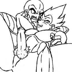 2boys boner dragon_ball dragon_ball_z erection gay male male_only monochrome nappa nude straight_hair vegeta yaoi