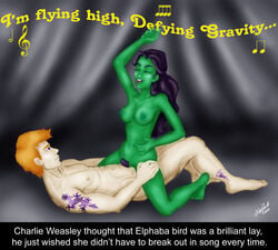 1girls breasts charlie_weasley crossover elphaba english_text female female_on_top green_skin gryffindor harry_potter hollyboo2001 pubic_hair riding riding_penis sex straight text the_wizard_of_oz wicked wicked_witch_of_the_west