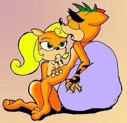 anthro bandicoot beanbag breasts brother_and_sister cleavage coco_bandicoot color crash_(series) crash_bandicoot cum cum_in_mouth fellatio female fur furry green_hair incest male mammal marsupial oral penis straight tattoo tattooed_arm