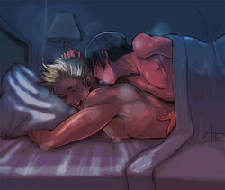 2boys axis_powers_hetalia bed black_hair blonde_hair blush breath closed_eyes hair_grab honda_kiku japan_(hetalia) licking male male_only multiple_boys netherlands_(hetalia) nipples open_mouth pillow pillow_grab riko_(artist) sex short_hair spiked_hair spiky_hair sweat under_covers yaoi