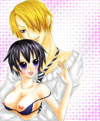 1girls beige_skin black_hair blonde_hair blue_eyes blush bra breasts cleavage closed_mouth clothes color female front_view genderswap_(mtf) hair hourglass_figure human luffyko male monkey_d_luffy necktie nipples one_piece open_eyes open_mouth purple_eyes round_ears rule_63 short_hair smile straight_hair vinsmoke_sanji