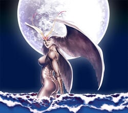 1girls antennae artist_request ass breasts claws curvaceous devilman feathers female harpy head_wings humanoid large_breasts looking_at_viewer monster_girl moon nude pale-skinned_female pale_skin pubic_hair sirene sky solo talons villainess white_hair wings