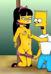 arms_behind_back bart_simpson black_hair bound bound_to_pole breasts cleave_gag clothes color female gag gagged human jessica_lovejoy kneeling male nipples pole shoes straight tagme the_simpsons vulva