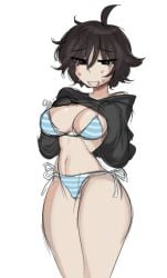 big_breasts bikini breasts cizerna female female_only fit_female fluffy fluffy_hair jacket jacket_lift original original_character shirt simple_background snale_(04119_snail) sweat sweatdrop thick_thighs tomboy voluptuous