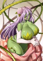 1girls :d alraune female female_focus female_only flower flower_in_hair green_eyes green_skin hair_flower hair_ornament huge_breasts kaorihero lavender_hair leaf leaves long_hair monster_girl open_mouth original plant plant_girl purple_hair rose rose_in_hair smile solo thick_thighs thorns vines