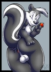 2010 anthro ass back_view black_fur fur furry inuki looking_back looney_tunes male male_only nude pepe_le_pew skunk smooth_fur solo tagme tail testicles warner_brothers white_fur