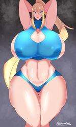 1girls absurd_res adapted_costume alternate_breast_size arms_behind_head ayamahi blonde_hair blue_bodysuit blue_eyes blush bodysuit breasts breasts_bigger_than_head bursting_breasts cleavage clothing curvaceous female hi_res hourglass_figure huge_breasts long_hair looking_at_viewer metroid mole mole_under_mouth nintendo ponytail samus_aran shiny shiny_skin skin_tight small_head solo steam thick_thighs thigh_gap thighs tied_hair tight_clothing wide_hips zero_suit