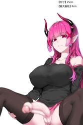 1futa bangs big_penis blunt_bangs bottomless box20502017 breasts censored clothed clothing commentary_request eyebrows_visible_through_hair futa_only futa_sans_balls futanari highres horns humanoid humanoid_penis large_breasts light-skinned_futanari long_hair long_sleeves looking_at_viewer mole mole_under_mouth no_testicles original parted_lips partially_clothed penis pink_eyes pink_hair pointy_ears simple_background sitting skirt solo spread_legs teeth thighhighs white_background xiangzi_box