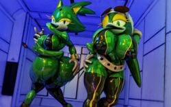 3d 3d_(artwork) amphibian anthro ass avian big_breasts big_butt blaze_the_cat blender_(software) bodysuit breasts clothing cosplay felid feline female female_focus frog grope hi_res huge_breasts huge_butt inside latex_skin living_latex long_tongue mammal my_hero_academia palisal rubber rubber_suit sega skinsuit sonic_(series) tight_clothing tongue tsuyu_asui_(cosplay) wave_the_swallow