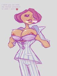 big_breasts bra breasts brown_eyes business_suit clothed clothing colored dark-skinned_female dark_skin female female_only heart hollis_forsythe horny large_breasts looking_at_viewer nipples nut_your_problem pants psychonauts psychonauts_2 red_hair sketch text underwear video_games