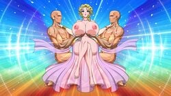 1girls 2boys absurdres akiranime animated aphrodite_(shuumatsu_no_valkyrie) areolae bare_shoulders blinking blonde_female blonde_hair blue_eyes breast_grab breasts breasts_out breasts_out_of_dress cleavage clothed_female_nude_male collarbone completely_nude dark-skinned_male dark_skin dress erect_nipples feet flower flower_on_head full_body glowing goddess gown grabbing greek_clothes greek_mythology hair_flower hair_ornament hands_on_another's_shoulders highres huge_areolae huge_breasts huge_nipples legs_crossed lights looking_at_viewer mp4 multicolored multiple_boys muscular muscular_male music nude pink_clothes puffy_areolae puffy_nipples record_of_ragnarok see-through shiny shuumatsu_no_valkyrie sitting sound tagme thick_thighs thighs toes video wavy_hair