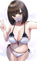 absurdres bangs bikini black_hair breasts brown_eyes cleavage covering_mouth curvy eyebrows_visible_through_hair female female hanasaka_houcha highres large_breasts looking_at_viewer mask mouth_mask navel original selfie solo swimsuit v white_bikini