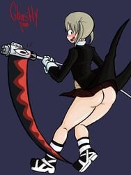 1girls ass blonde_hair blush boots female ghastlypann gloves large_ass looking_back maka_albarn no_panties open_mouth scythe short_hair skirt soul_eater soul_eater_evans twintails weapon