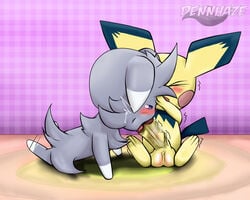 balls blush dennhaze erection espurr fur genitals grey_body grey_fur hi_res humanoid_genitalia nintendo nude open_mouth oral oral_penetration penis pichu pokémon_(species) pokemon saliva saliva_on_penis sucking