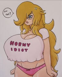 angry bent_wrist big_ass big_breasts bimbo blonde_hair glasses jumneyarts long_hair mario_(series) panties pink_panties princess_rosalina proton_jon rosajon text text_on_shirt thick_thighs