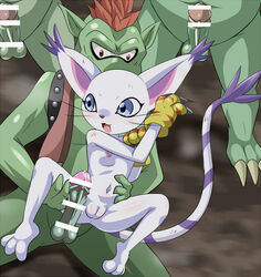 anthro bandai_namco blue_eyes bodily_fluids brush digimon digimon_(species) female forced gatomon genitals goblimon group heigani humanoid male male/female penis rape sex tears