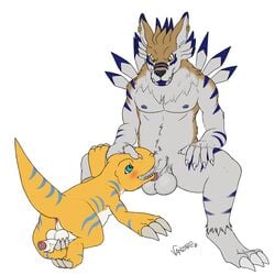 1:1 agumon_x anthro autofootjob balls bandai_namco big_balls big_dom_small_sub blue_eyes blush bodily_fluids canid canine digimon digimon_(species) dominant duo fan_character fellatio foot_fetish foot_play gay genital_fluids genitals hi_res humanoid_genitalia humanoid_penis male male/male male_only mammal masturbation nipples oral penile penile_masturbation penis piercing precum sex size_difference stripes vanzard vein weregarurumon yaoi yellow_eyes