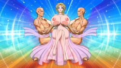 2boys akiranime animated animated_gif aphrodite_(shuumatsu_no_valkyrie) areolae bare_shoulders blinking blonde_female blonde_hair blue_eyes breast_grab breasts breasts_out breasts_out_of_dress bursting_breasts cleavage clothed_female_nude_male collarbone dark-skinned_male dark_skin dress erect_nipples feet female flower flower_on_head full_body glowing goddess gown grabbing greek_clothes greek_mythology hair_flower hair_ornament hands_on_another's_shoulders highres huge_areolae huge_breasts huge_nipples legs_crossed lights looking_at_viewer multicolored multiple_boys muscular muscular_male nude pink_clothes puffy_areolae puffy_nipples record_of_ragnarok see-through shiny shuumatsu_no_valkyrie sitting thick_thighs thighs toes wavy_hair