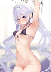 1girls adult armpits ayuma_sayu barely_clothed bikini_top blue_eyes blush breasts choker micro_bikini midriff navel nipple_bulge nipples original original_character small_breasts strings swimsuit thick_thighs thighs twintails white_hair