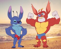 2021 3_toes 4_fingers abs absurd_res ace_(lilo_and_stitch) alien antennae_(anatomy) anthro anthrofied beach biceps biped blue_body blue_claws blue_fur blue_nose bristol bulge claws clothing dipstick_antennae disney disney_channel duo elbow_tufts erection experiment_(lilo_and_stitch) feet fingers flexing fur genital_outline gloves_(marking) grin hands_on_hips hi_res leg_markings lilo_and_stitch looking_at_viewer male male_only markings multicolored_antennae muscular muscular_anthro muscular_male notched_ear open_mouth open_smile pecs penis_outline photo_background red_body red_claws seaside shortstack smile speedo standing stitch swimwear toe_claws toes