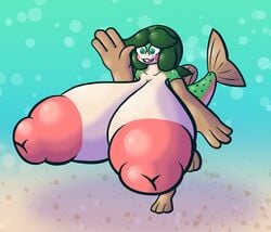 anthro areola big_breasts breast_expansion breasts expansion female fin fish fish_tail genitals green_body green_eyes green_hair green_skin hair huge_breasts hyper hyper_breasts marine nipples nude pink_nipples puffy_areola puffy_nipples solo sprucy trout underwater water