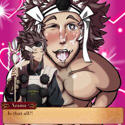 azama azama_(fire_emblem) bara brown_hair cum cumshot cumshot_in_mouth english_text facial fire_emblem fire_emblem_fates gay male_only muscle muscular muscular_male nintendo nipple_piercing open_mouth penis pov pythongay solo_focus star_eyes text text_box yaoi