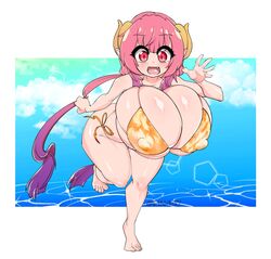 1girls beach big_breasts bikini breasts ein457 eye_contact female horns huge_breasts ilulu_(dragon_maid) large_breasts looking_at_viewer miss_kobayashi's_dragon_maid monster_girl red_hair shortstack smaller_female thick_thighs thighs two_tone_hair wide_hips