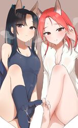 1boy 2girls animal_ears barefoot black_hair blush breasts brown_eyes brown_footwear censored cleavage clothing cum cum_on_clothes emirio_(emirio110) feet footjob forehead hand_in_hair hattori_shizuka highres long_hair looking_at_viewer medium_breasts minna-dietlinde_wilcke multiple_girls no_shoes one-piece_swimsuit penis ponytail red_hair school_swimsuit sidelocks small_breasts smile straight strike_witches sweat swimsuit thighs threesome visible_air world_witches_series