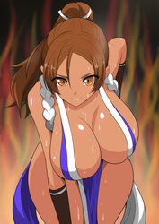 auburn_eyes auburn_hair big_breasts busty cleavage fatal_fury female female_only kunoichi mai_shiranui solo solo_female sweat tagme tan_skin