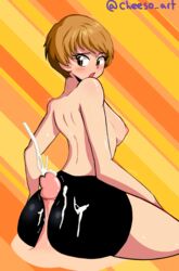 1boy 1girls 2020s 2021 arm_on_leg ass big_ass bike_shorts black_bottomwear blush breasts brown_eyes buttjob cheesoart color compression_shorts cum_on_ass cum_on_bottomwear digital_art duo ecstasy edit eyebrows_visible_through_hair looking_back manga multicolored_background penis persona persona_4 rear_view satonaka_chie shiny_bottomwear shiny_breasts shiny_hair shiny_skin short_hair shorts sitting sitting_on_person spats straight tagme tomboy topless topless_female very_short_hair video_game