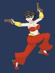 1girls bayonetta bayonetta_(character) belly_dancer big_breasts black_hair boob_window breasts cosplay female female_only fully_clothed glasses gun guns high_heels red_bra red_pants revealing_clothes shantae shantae_(character) shantae_(cosplay) smooth_skin solo