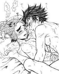 2boys blush close-up closed_eyes demon_slayer gay implied_sex kamado_tanjirou kimetsu_no_yaiba line_art looking_at_another male male_only missionary_position monochrome on_back on_bed rengoku_senjurou sweat tears thick_eyebrows yaoi