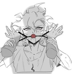 1boy angry ball_gag collarbone danganronpa danganronpa_2:_goodbye_despair disembodied_hands drooling gag gagged holding_arms looking_at_viewer male male_focus nagito_komaeda on_top pov saliva saliva_drip saliva_trail shadow smallix solo_focus straight_hair sweat tears white_background