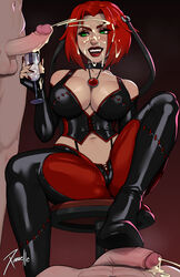 1girls 2boys areolae balls big_breasts bloodrayne boots breasts bustier choker clothed_female corset cum cum_in_wine_glass cum_on_face cumshot dhampir domination dominatrix elbow_gloves erection fangs feet_on_penis female femdom foot_on_penis green_eyes heel_boots heels latex looking_at_penis male male_pov mascara nail_polish patreon_reward penis rayne red_hair red_lipstick short_hair sitting sitting_on_chair smiling source_request tape threesome vampire wine_glass xinaelle