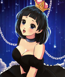 black_dress black_eyes black_hair blue_background breasts chain_chomp chains chompette cleavage confused cute dress esther-shen female looking_at_viewer mario_(series) new_super_mario_bros._u_deluxe nintendo sharp_teeth short_hair super_crown white_pupils