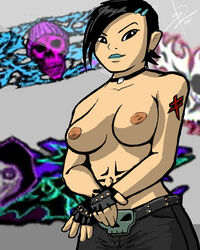 2017 black_hair breasts cube_(jsr) fingerless_gloves jet_set_radio lipstick nipples orange_nipples pants sega short_hair staring_at_viewer tattoo threewontoo topless topless_female upper_body