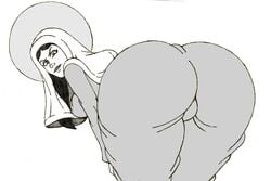 1girls ass big_ass big_butt christianity clothing curvy curvy_figure female female_only looking_at_viewer milf monochrome omarsin presenting rear_view religion solo tagme virgin_mary