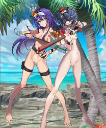 alternate_costume alternate_hairstyle barefoot beach blue_hair completely_nude edit female_pubic_hair fire_emblem fire_emblem:_path_of_radiance fire_emblem:_radiant_dawn fire_emblem_awakening fire_emblem_heroes green_eyes grin hair_flower long_hair looking_at_viewer lucina_(fire_emblem) lucina_(summer)_(fire_emblem) marth_(fire_emblem_awakening) mask medium_breasts mia_(fire_emblem) mia_(summer)_(fire_emblem) nintendo nipples nude nude_female nude_filter ocean palm_tree pose pubic_hair purple_hair pussy samuraijam34 seaside short_hair small_breasts smile tree