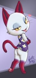 animal_crossing anthro blush bottomless clothed clothing domestic_cat eyelashes felid feline felis female fur genitals hi_res looking_at_viewer mammal nekostar nintendo olivia_(animal_crossing) open_mouth pawpads pussy solo tongue tongue_out video_games white_body white_fur