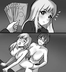 2girls ambiguous_penetration bent_over doggy_style dominant_female female_only femdom from_behind glasses jujutsu_kaisen kasumi_miwa knightfanghentai large_breasts looking_pleasured moaning money monochrome multiple_girls nude_female prostitute prostitution smirking strap-on voice_actor_connection yuri zenin_maki