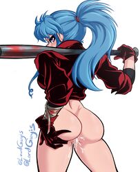 1girls absurd_res after_sex anus anus_peek artist_signature ass back big_ass blue_hair botan breasts cum cum_drip cum_in_ass cum_in_pussy cum_on_lower_body curvy female female_only hand_on_ass hand_on_own_ass hi_res high_ponytail jacket long_hair looking_at_viewer looking_back lordguyis ponytail purple_eyes pussy pussy_peek solo very_long_hair white_background yu_yu_hakusho