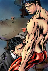 2boys ass batman batman_(series) black_hair blue_eyes bruce_wayne clark_kent clothed_male cock_gobble cock_hungry cocktail cum_hungry dc dc_comics eyes_closed fellatio gay giving_head going_down_on kalico knob_polishing leotard looking_at_partner looking_to_the_side lysis male male/male male_only mouth_full_of_cock mouthful muscles muscular muscular_male necktie one_eye_closed oral oral_sex partially_clothed pecs penis_in_mouth public_sex shirtless stool sucking sucking_off suit superman superman_(series) tights topless