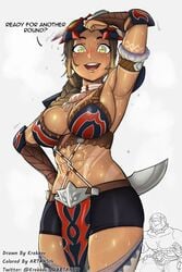 1girls abs armpit_fetish armpits artans14 big_breasts blush breasts cleavage female female_only kayna_(monster_hunter) krekk0v large_breasts looking_at_viewer midriff monster_hunter monster_hunter_stories_2:_wings_of_ruin solo sweat text