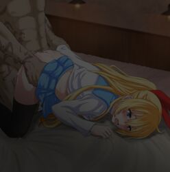 1boy ass blonde_hair blue_eyes blue_sailor_collar blue_skirt bow clothed_female_nude_male clothes_lift cum cum_in_pussy cum_on_ass cumdrip defloration feet_out_of_frame female from_side hairbow head_out_of_frame highres kirisaki_chitoge long_hair midriff minobey night nisekoi nude pleated_skirt rape red_bow sailor_collar school_uniform serafuku sex sheet_grab shirt skirt skirt_lift straight tattoo thighhighs tongue tongue_out white_shirt